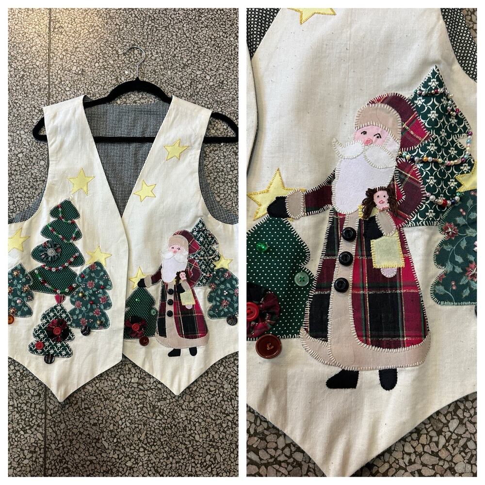 Vintage Ugly Christmas Vest Handmade Santa Trees Beaded Bells Sleeveless S/M